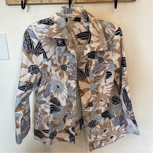 Westbound Womens 3/4 sleeve Open Front Jacket Blazer White Blue Tropical Print M